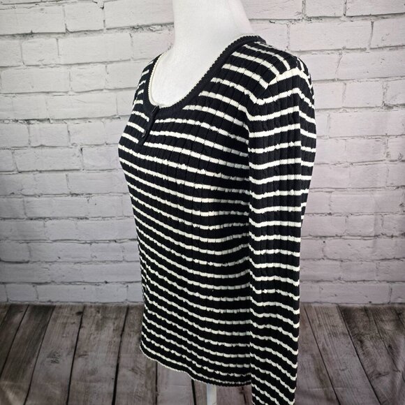 LIZ CLAIBORNE CREW NECK RIBBED STRIPPED SWEATER BLACK AND WHITE WOMENS LARGE - Picture 7 of 8